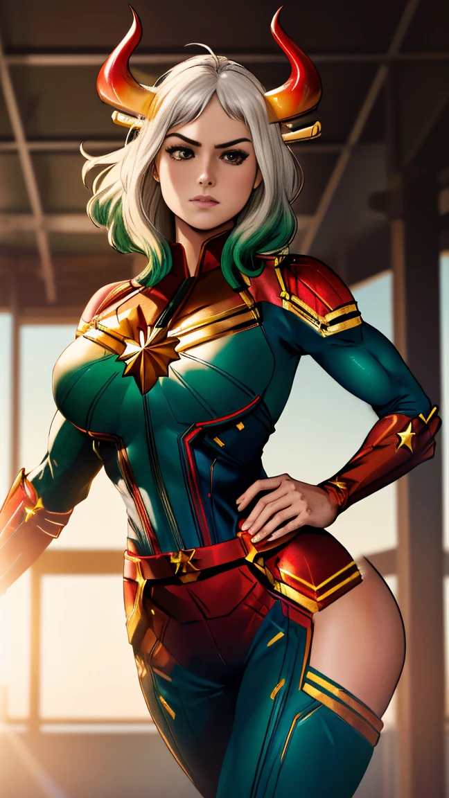 Foto de corpo inteiro, Yamato version of Captain marvel, (best qualityer:1.3), sultry posing, captain marvel, (demon girl), very huge breasts, seductiv, sexly, white hair with light green tips, horn with red tips