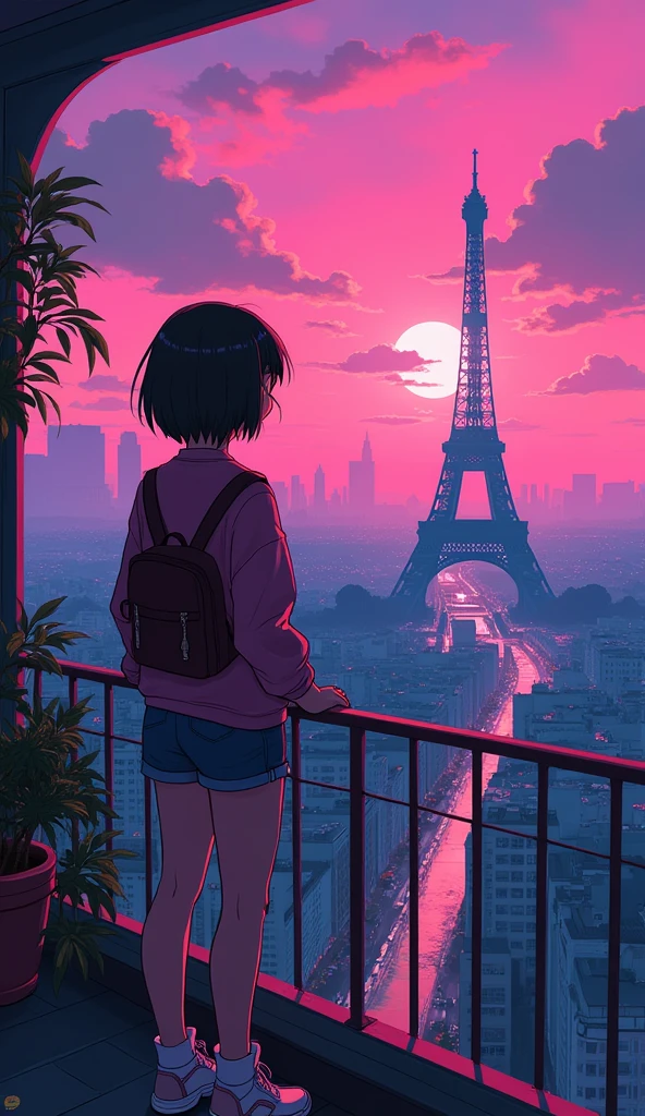 there is a anime guy standing in front of balcony looking at the effile tower , synthwave aesthetic, lofi artstyle, lofi hip hop, lofi aesthetic, cyberpunk atmosphere, lofi vibes, synthwave style, synthwave, synthwave art, lofi art, synthwave art style, retrowave atmosphere, 8 0 s anime vibe, chillhop, cyberpunk vibes Vibrant color anime style --ar 4:3 --niji 6(back and wide angle view)