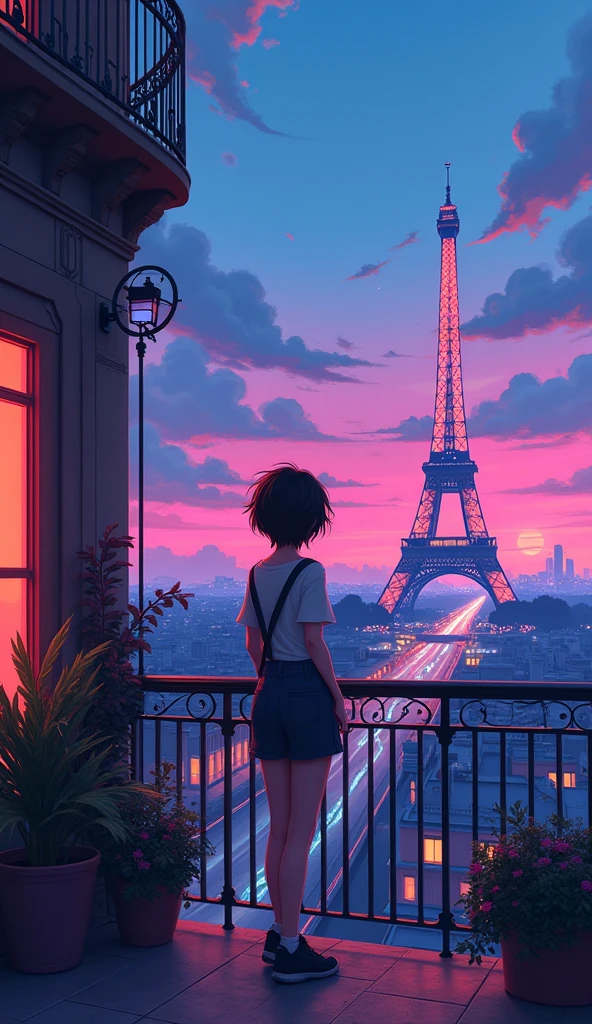 there is a anime guy standing in front of balcony looking at the effile tower , synthwave aesthetic, lofi artstyle, lofi hip hop, lofi aesthetic, cyberpunk atmosphere, lofi vibes, synthwave style, synthwave, synthwave art, lofi art, synthwave art style, retrowave atmosphere, 8 0 s anime vibe, chillhop, cyberpunk vibes Vibrant color anime style --ar 4:3 --niji 6(back and wide angle view)