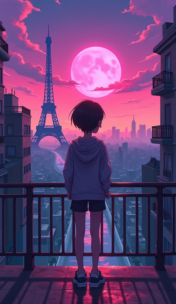 there is a anime guy standing in front of balcony looking at the effile tower , synthwave aesthetic, lofi artstyle, lofi hip hop, lofi aesthetic, cyberpunk atmosphere, lofi vibes, synthwave style, synthwave, synthwave art, lofi art, synthwave art style, retrowave atmosphere, 8 0 s anime vibe, chillhop, cyberpunk vibes Vibrant color anime style --ar 4:3 --niji 6(back and wide angle view)
