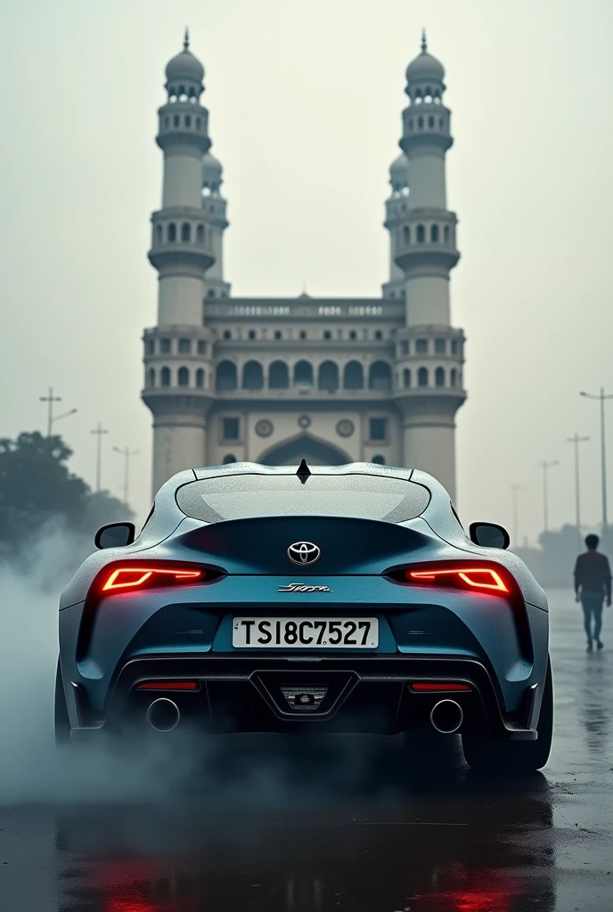 Supra car with plate number TS18C7527 at Charminar with smoke