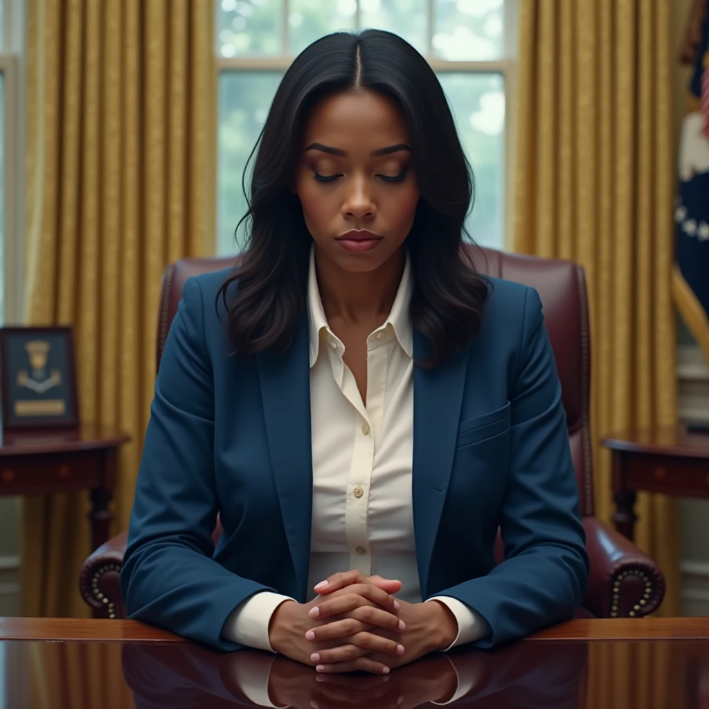 masterpiece, best quality, 1 woman, solo, beautiful faur-skinned African and Asian mixed 6, slightly overweight, shoulder length straight hair, standing in modest white button down shirt and business blue pantsuit sitting at desk in oval office eyes closed, hands in prayer
