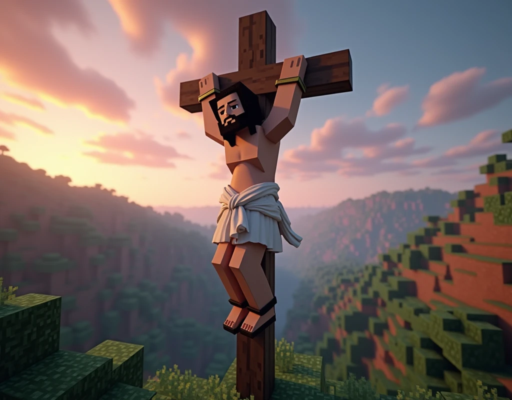 We need an image from Minecraft in which a Jesus is hanging with both his hands tied, a high quality Minecraft image. Ai background