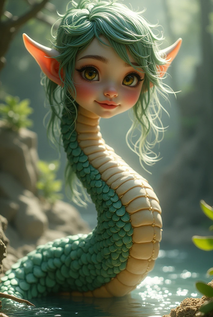 A cute young naga girl, full body detailed, smiling,