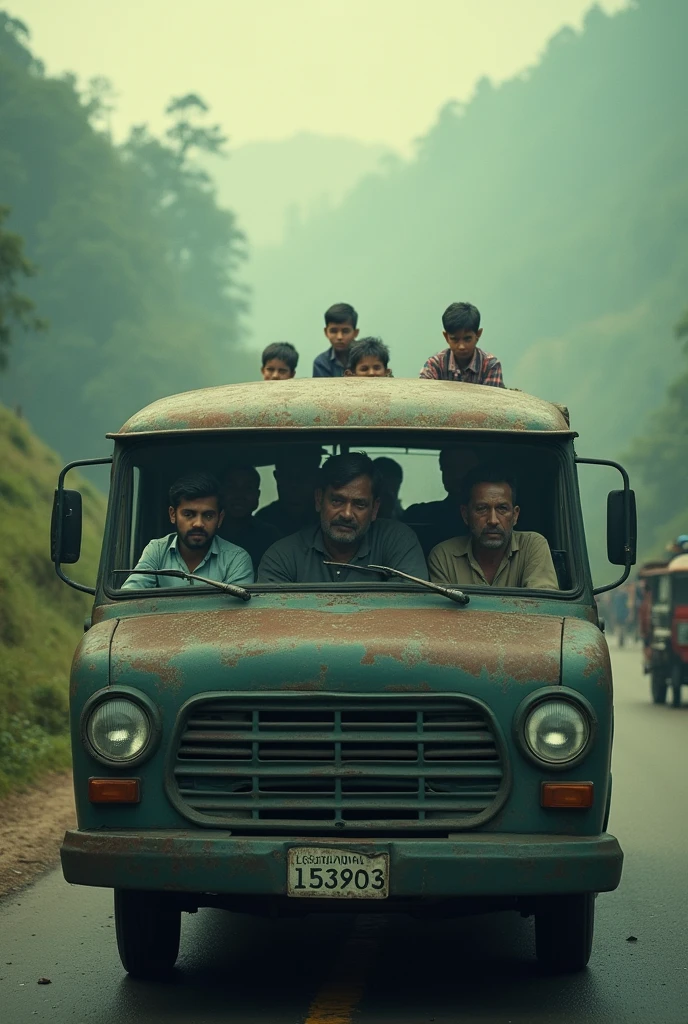 cinematic , photo realistic film poster of a 3 man driving old van, boy sitting beside him in school dress, school kids in second row seat in school dress shouting and playing, early morning, mist, Darjeeling outskirt road