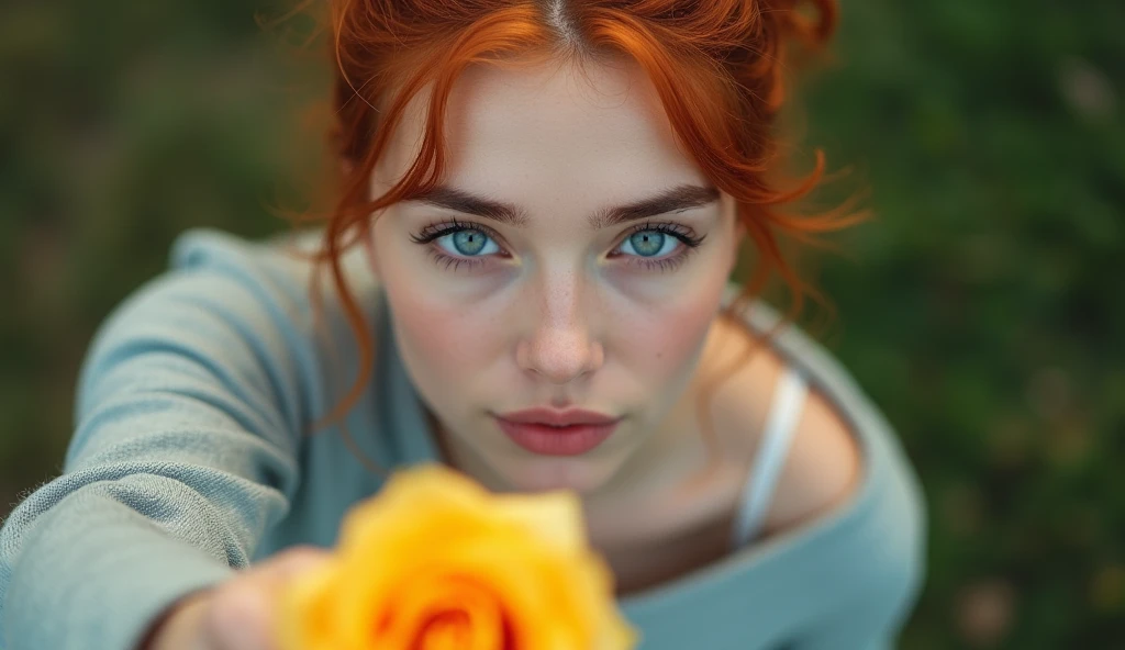 raw photo in UHD RAW format, (taking selfies, aerial view: 0,9), (straight half of the torso: 1,0). A 20 year old girl with a bun, natural red hair and blue eyes, parted lips. [ hyper-realistic texture ], [ hyper-realistic skin texture ], good lighting. fine-details, olhos e rosto extremamente symmetrical, extremely detailed, symmetrical, sharp piercing eyes. a yellow rose
