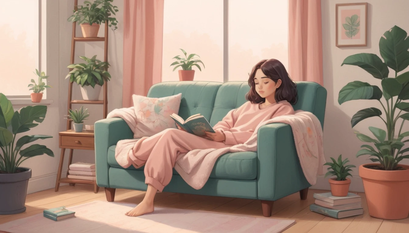 Create an illustration of a lofi girl character in a relaxed, chill environment. The character should be depicted in a comfortable and casual setting, such as lounging in a cozy chair or on a cushioned floor. Use soft, pastel colors to create a serene and laid-back atmosphere. The background can include elements like a comfortable chair, a soft throw blanket, a small plant, and a calming piece of artwork. Add details like a book or a gentle music player to enhance the chill and leisurely mood.

