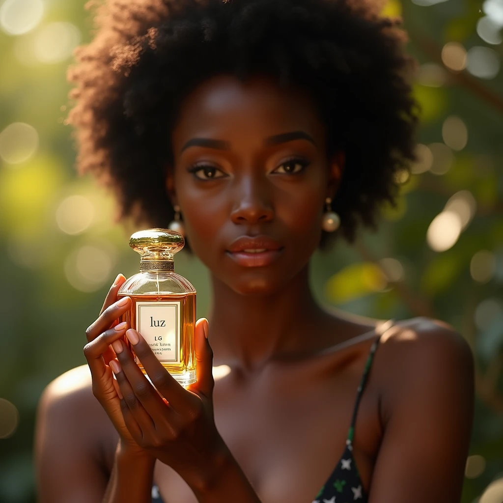 a naked beautiful ebony-skinned woman, holding a perfume bottle, la marca y texto es “LUZ” soft natural lighting, simple blurred background, natural hair and subtle makeup, delicate perfume bottle design, vivid colors, lifelike details, realistic and unpolished, elegant and authentic, (best quality,4k,8k,highres,masterpiece:1.2),ultra-detailed,(realistic,photorealistic,photo-realistic:1.37),portrait,natural setting,warm atmosphere,bokeh background
