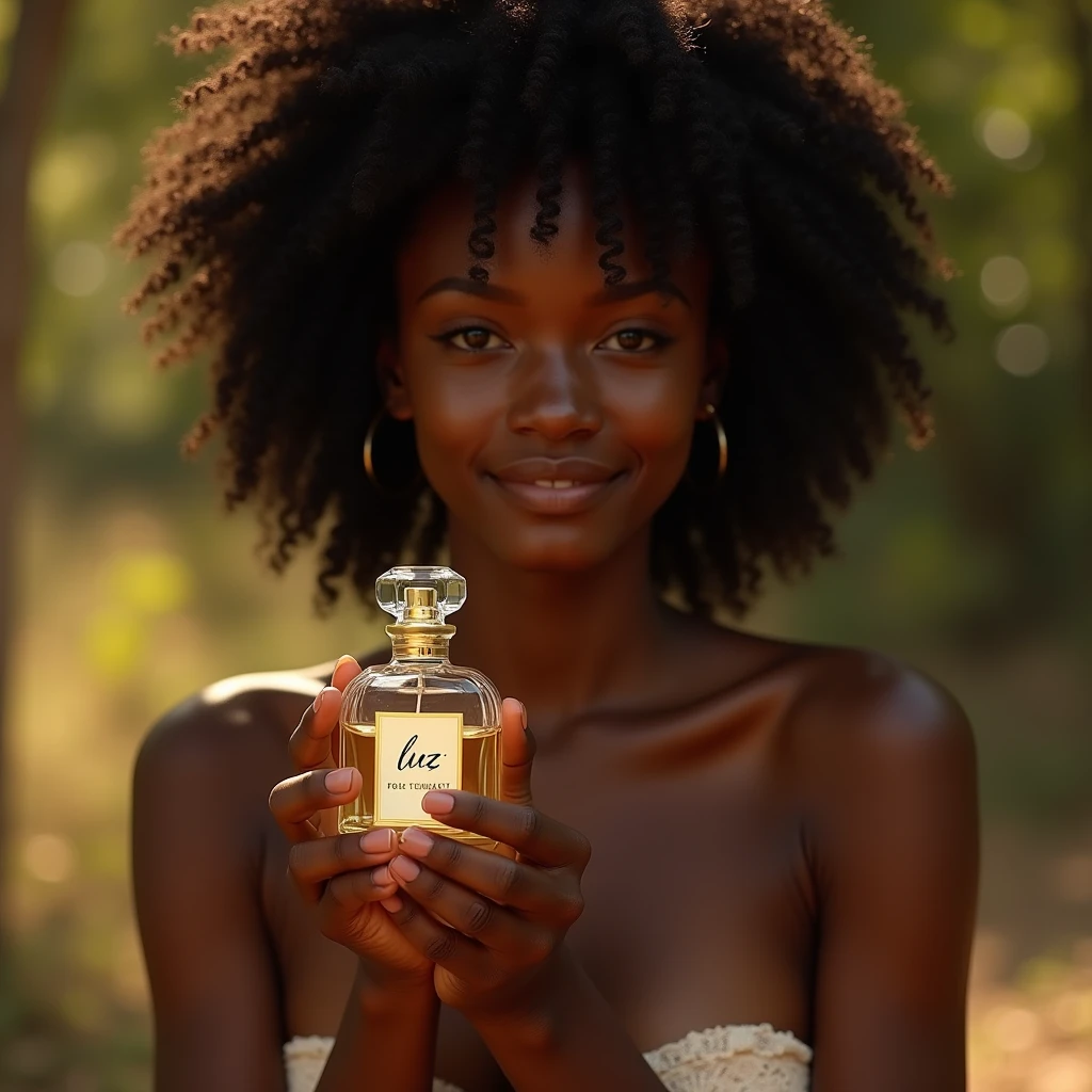 a naked beautiful ebony-skinned woman, holding a perfume bottle, la marca y texto es “LUZ” soft natural lighting, simple blurred background, natural hair and subtle makeup, delicate perfume bottle design, vivid colors, lifelike details, realistic and unpolished, elegant and authentic, (best quality,4k,8k,highres,masterpiece:1.2),ultra-detailed,(realistic,photorealistic,photo-realistic:1.37),portrait,natural setting,warm atmosphere,bokeh background