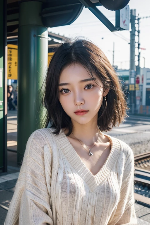 (2 Japanese girl,), (Small breasts:1.5,),(solo,Textured skin, Detailed skin,Detailed face,Detailed eyes,detailed posing,Natural eyebrows,Perfect limbs,High detail, Highest quality, Super detailed, Surrealism, ,8k,RAW Photos,Photographicism,Professional Lighting,Portrait Photography,),((Black Hair, Dark Eyes,Natural Makeup,Simple earrings,Heart Pendant,Bob Hair,happiness/joy)),(((poncho style sweater,Enoden,railway crossing,Kamakura High School Station)))