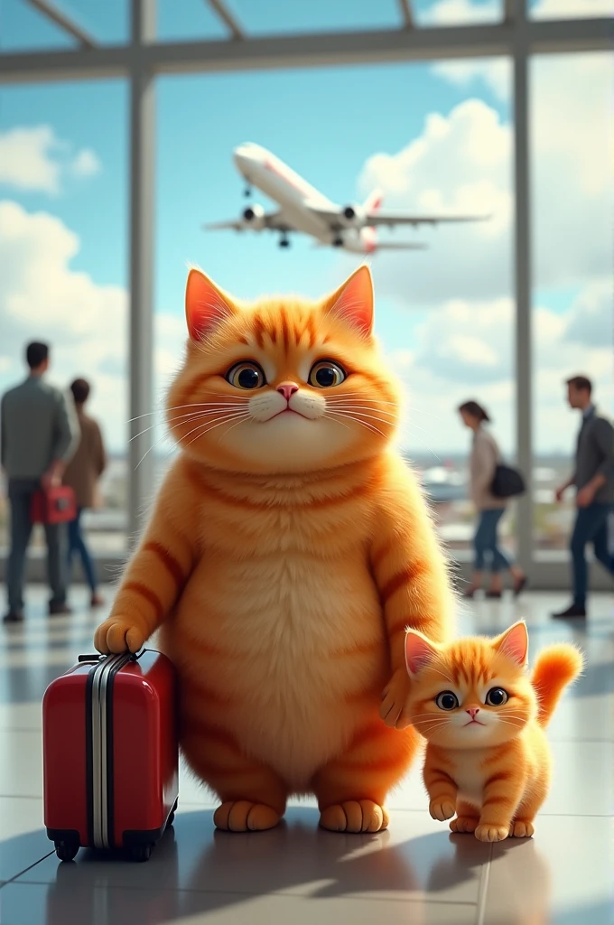Image Prompt: A chubby orange cat and his chubby orange kitten at a busy airport, holding small suitcases, with planes visible through large windows in the background.