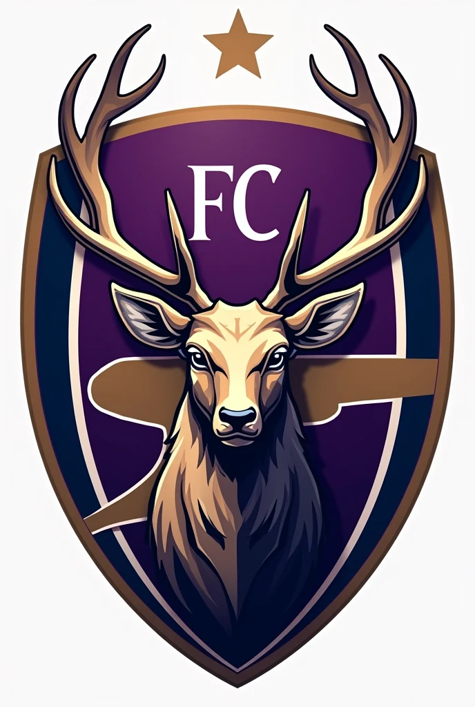 Football shield shaped like Arsenal&#39;s on the sides with a deer with 3 stars on the top that says FC Barckyardigans with purple, black and white colors  