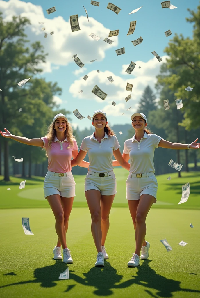 Three beautiful female golfers smile happily, look up, spread their arms, wait to receive money, which has a lot of money falling from the sky at the golf course.