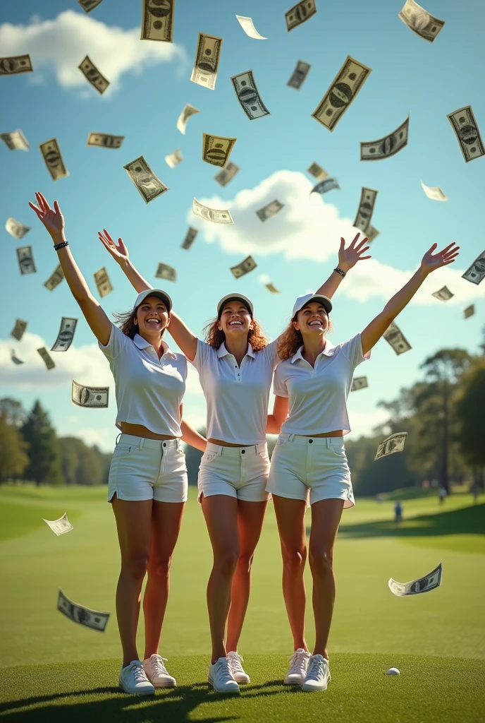 Three beautiful female golfers smile happily, look up, spread their arms, wait to receive money, which has a lot of money falling from the sky at the golf course.