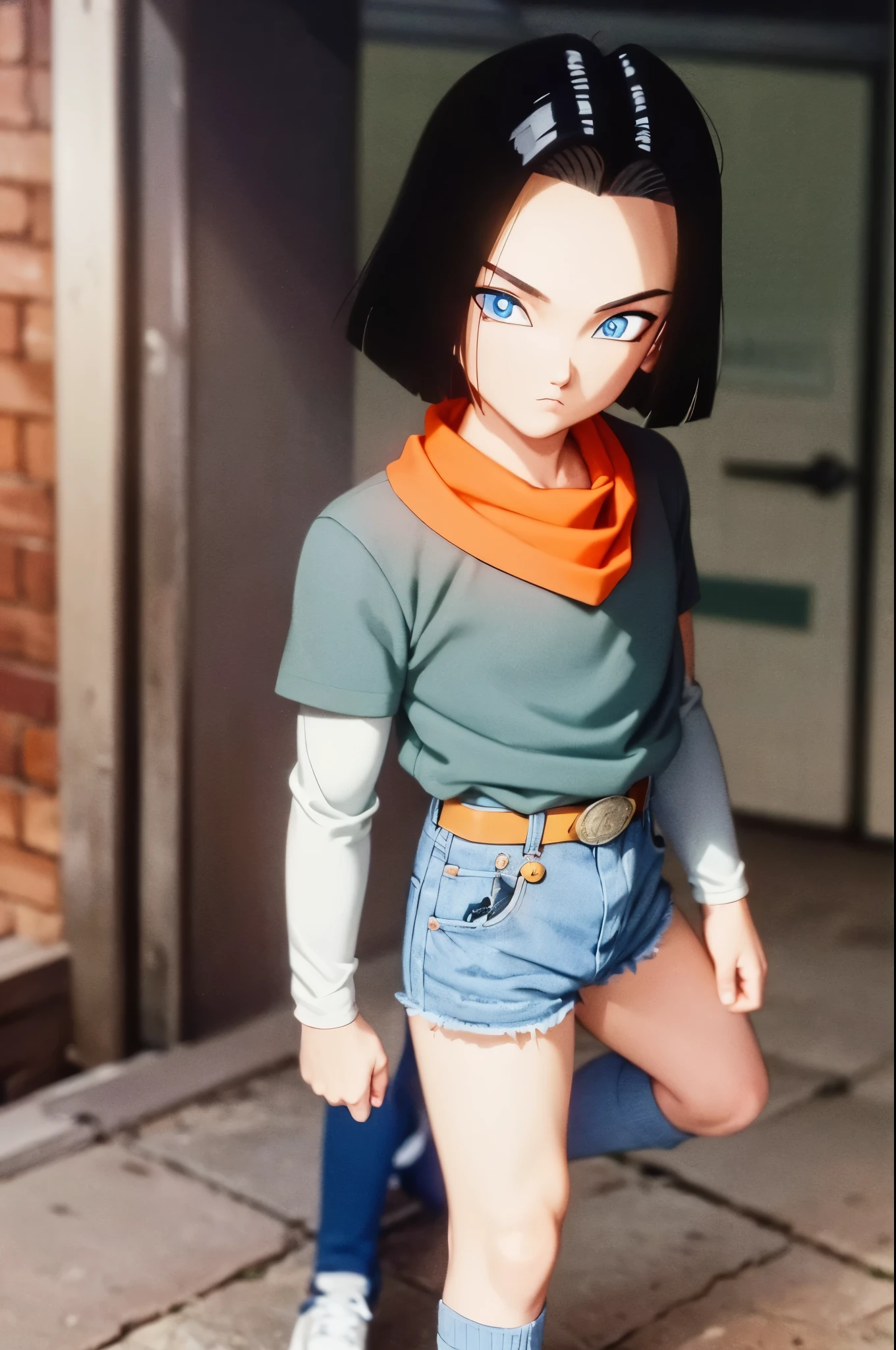 A masterpiece, best quality, detailed and expressive eyes, perfect facial features, high resolution, 1 boy, alone, android -inspired boy, (male body:1.3), blue eyes, black hair, parted hair, short hair, black shirt, jeans, layered shirt, white sleeves, orange bandana, blue sneakers, green socks, brown belt, red freckles, outdoor, landscape, standing, portrait, looking at viewer