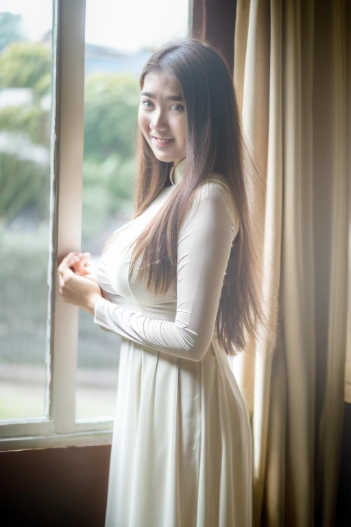 1 girl, ao dai, white dress, long hair, perfect anatomy, perfect body, perfect lighting, beautiful face, best quality, huge breasts, visible white bra under dress , in house, in room, showing off body, sexy, hands hugging breasts, view from the side, beautiful breasts