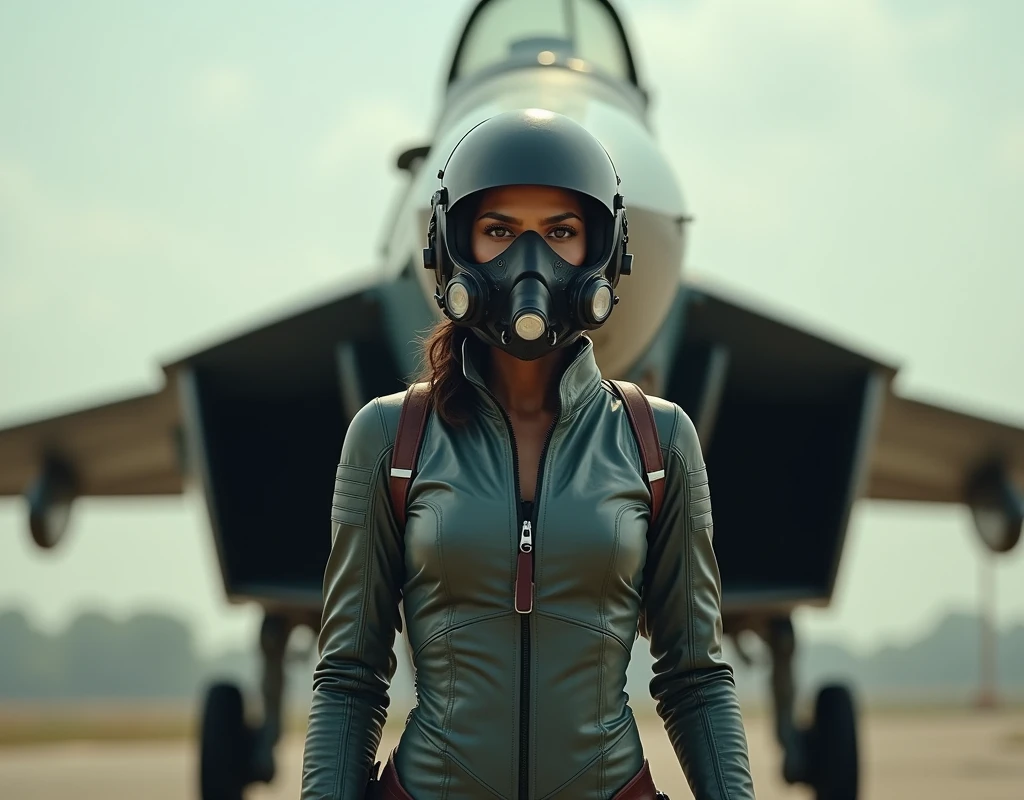 Priyanka chopra wearing a fighter pilot suit, wearing a pilot helmet and oxygen mask, standing beside a mig21, full body view