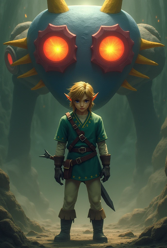 Create an image with dimensions 70cm by 35cm, inspired by "The Legend of Zelda: Majora's Mask." The image should feature Link wearing the Majora's Mask. Surrounding Link, include detailed representations of the three transformation masks: Zora, Goron, and Deku. Ensure that each character is depicted with their unique features and artistic style. The background should subtly evoke the game's universe without distracting from the main characters.