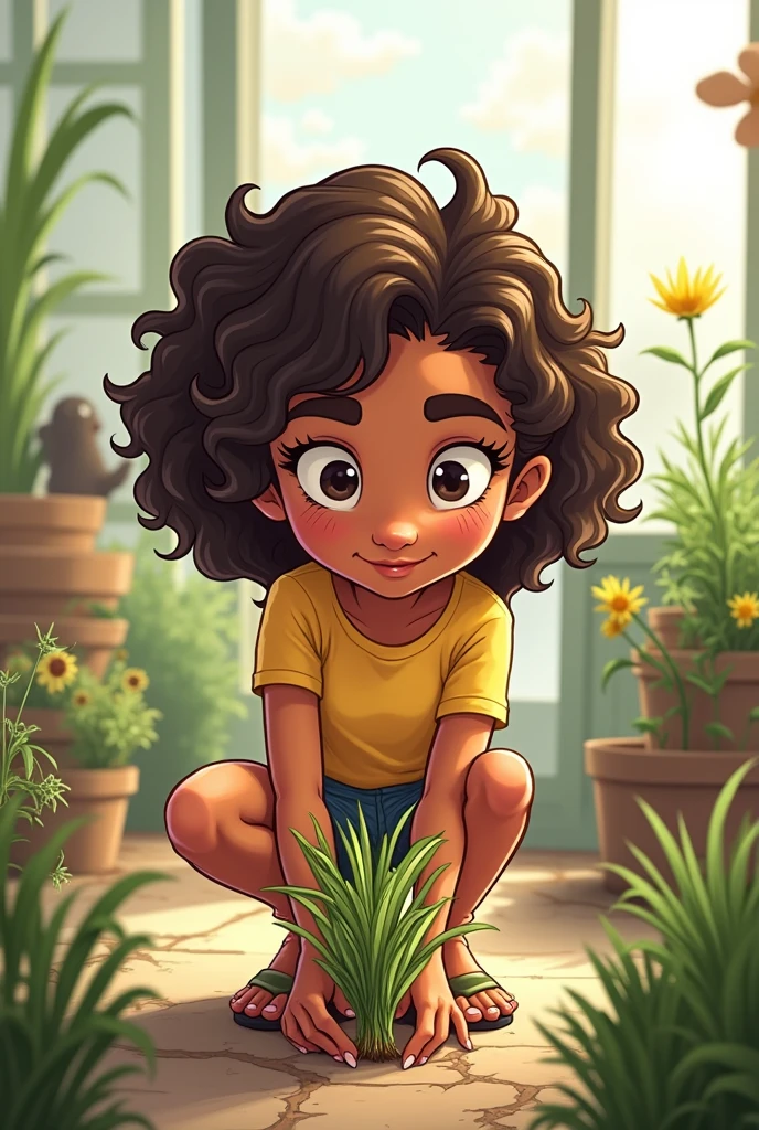 Monica is crouching cartoon , chives is in front of her, close to the comics