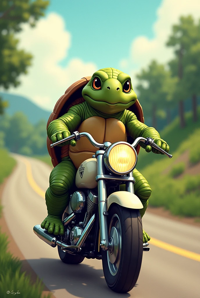 turtle riding a motorcycle.