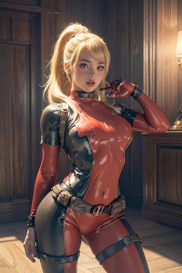 (((3d,CGI))) “cartoon art-style” realistic portrait of a sexy and busty female superhero character in the style of Deadpool, I have blonde hair., Wear tight clothing., holding a sword, Pose seductively and confidently, It is large, good figure., (best quality,4K,8ก,height,Masterpiece:1.2),Very detailed,(realistic,photorealistic,photo-realistic:1.37),Very detailed,Beautifully detailed eyes,Beautifully detailed lips,ดวงตาและใบหน้าที่มีรายVery detailed,Long eyelashes,Intricate costume details,dynamic light,Stunning shadow,bright colors,movie elements