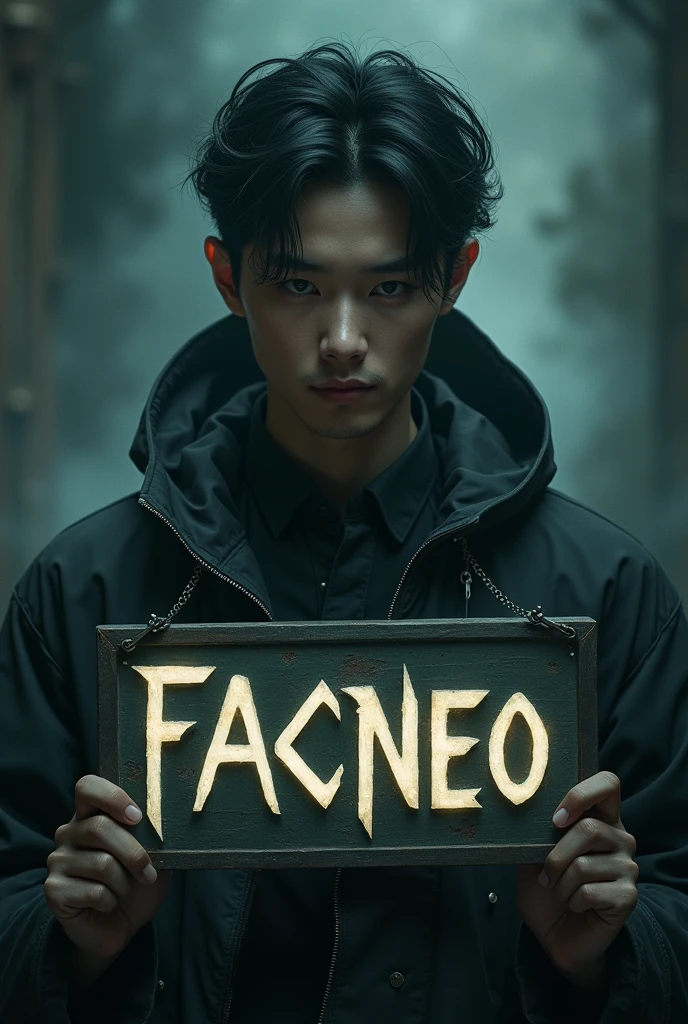 A sign that says the word facneo and an Asian guy that looks like DPR ian in the dark