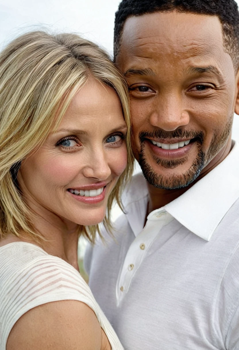 Will Smith and Cameron Diaz pose together for a photo. Both are smiling. Both are attired attractively but casually for a date. Cameron has lovely makeup on her face. Daytime. Romantic ambiance. Symmetrical eyes. Symmetrical faces. Lovely details. Photorealistic. Full-colored photo. Professional photo. Highly detailed 8K.
