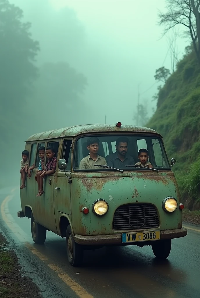 cinematic , photo realistic film poster of a 3 man driving old van,  boy sitting beside him in school dress, school kids in second row wearing school dress, early morning, mist, Darjeeling outskirt road