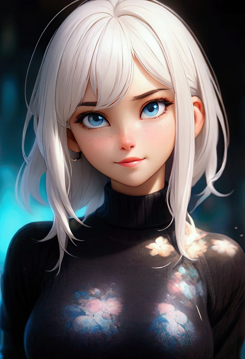 1 girl, White hair, Long hair, blue eyes, neutral colors, flirtatious expression, looking at the camera, big breasts, very tight black sweater, Flushed face, light smile, shy girl, many details, slightly marked abdomen, Long pants