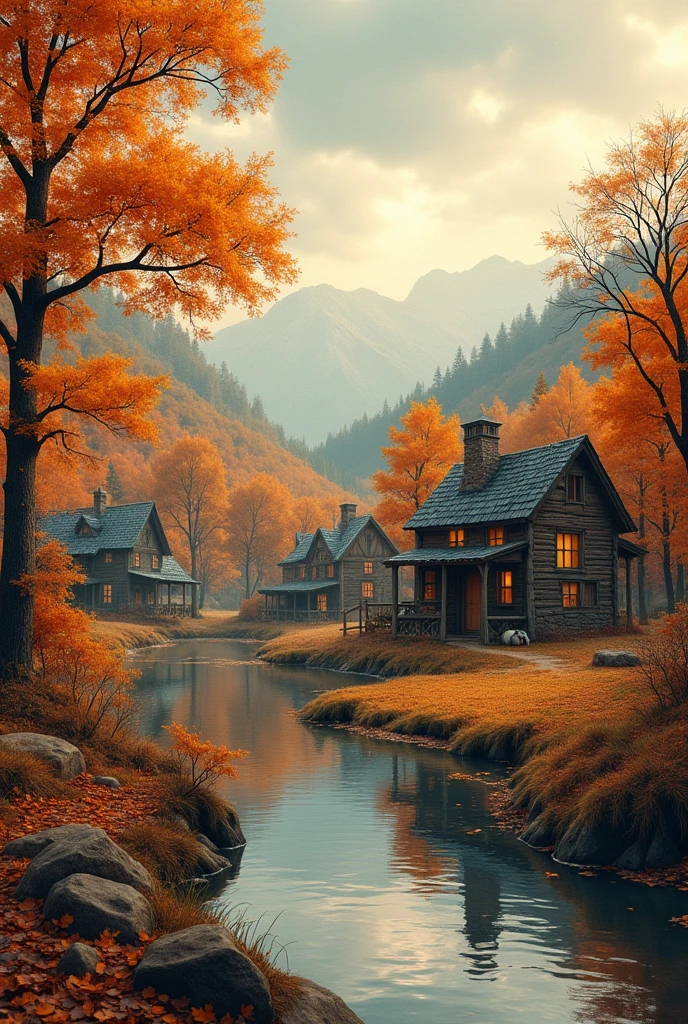 Fall Autumn Aesthetic,Halloween,Dark Village,Town Rustic,Cozy, landscape ,Rustic Orange Maple Leaf Village,Scenery, water color