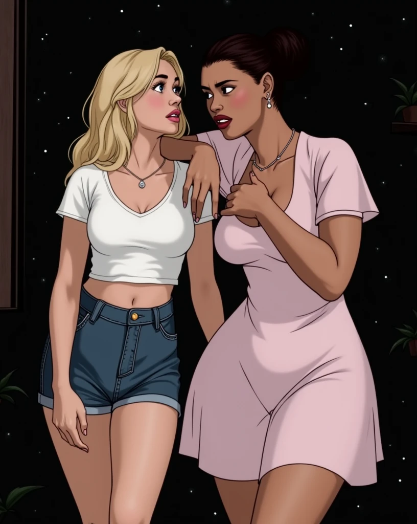 2women, kiss, lesbian kiss, realistic artstyle, the Caucasian-girl in the center ( (nude), straight blond hair, brave, smiling, new to lesbian feelings, nauseated, queasy, ), the woman holding girl is BBW african american woman (muscle bound, big bone, tight bodies, sexually experienced, sexually confident, sexual pose, two amazon looking black skinned woman), realistic style, official fanart, realism artstyle, hyperrealistic teens, high quality fanart, background artwork, sexual takeover, 8k, realistic art style, intense poses, 2beautiful women, detailed realistic expressions, realistic picture, all characters are 18, lesbian experience, dim and diffuse illumination. young busty blonde in black woman's arms,