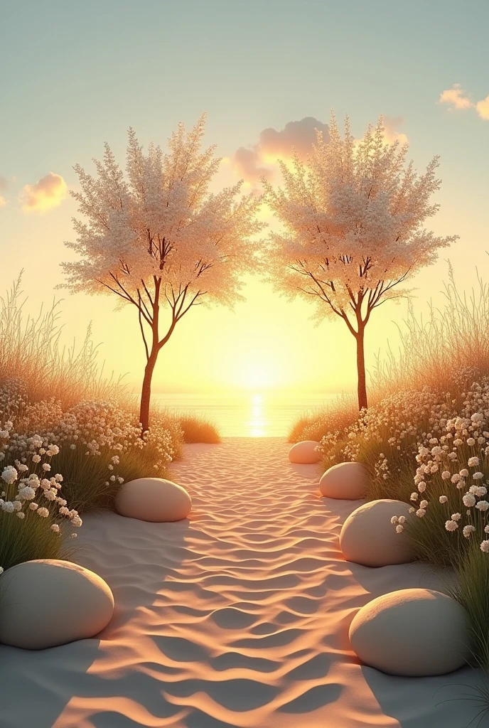 Romantic scene on the beach during sunset. A sandy path leads to two lonely trees with thin, winding branches and delicate white gypsophila flowers on them., emphasizing the central composition of the photo. On both sides of the path there are single and groups of thin, tall wild flowers of delicate shades and tall grass.. Round beige poufs line the path.. The sky is painted in warm sunset tones, from light yellow at the horizon to bluish above..