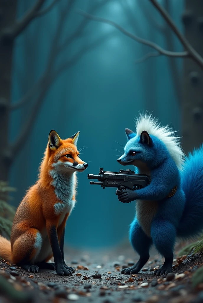 A fox next to a wild dark blue skunk with a machine gun  