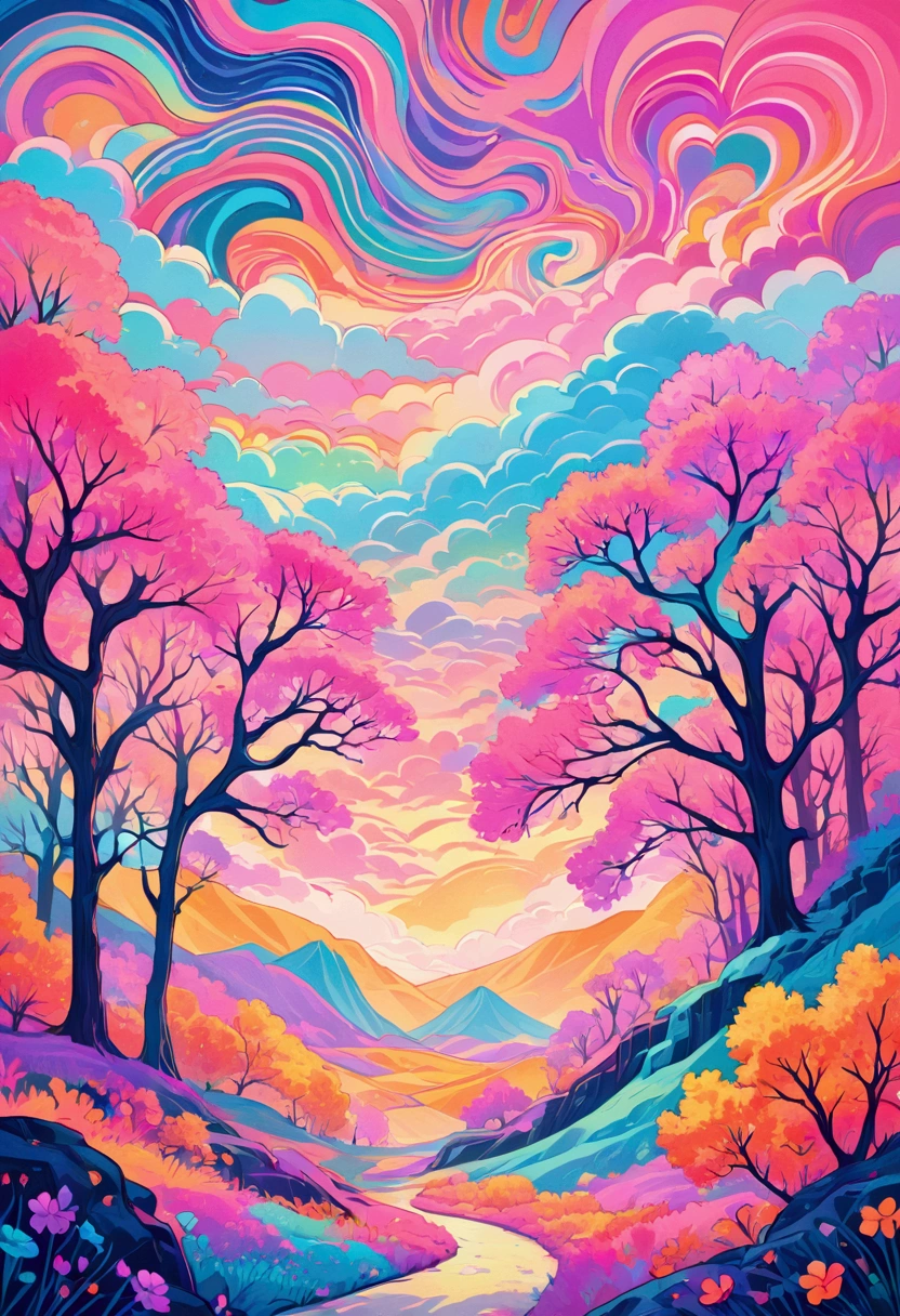 Psychedelic neon,color block illustration,All year round,Vibrant illustrations,Oak Art,pattern,Soft,Dreamy scenery