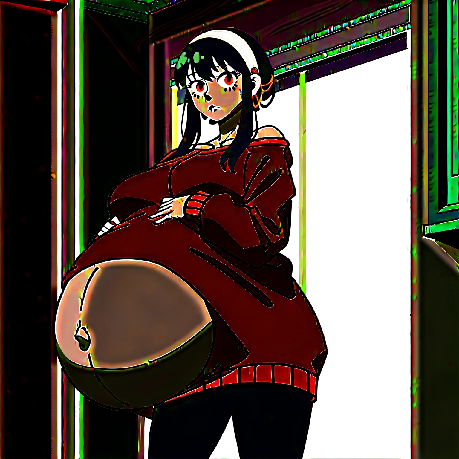 looking at viewer, solo, YorForger,1girl, ((middle breast)), ((belly stuffed)), ((huge belly)), ((staggers)), black hair, red eyes, short hair with long locks, white hairband, off shoulder, ((red sweater)), black pantyhose, ((drank too much)), ((exhausted)), ((agitated)), ((in front of a fridge)), ((open fridge)), ((lean on the fridge)),