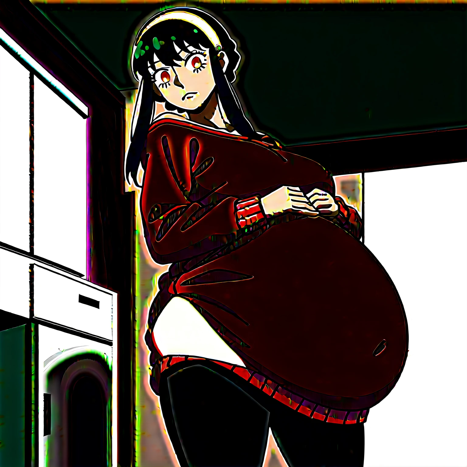 looking at viewer, solo, YorForger,1girl, ((middle breast)), ((belly stuffed)), ((huge belly)), ((staggers)), black hair, red eyes, short hair with long locks, white hairband, off shoulder, ((red sweater)), black pantyhose, ((drank too much)), ((exhausted)), ((agitated)), ((in front of a fridge)), ((open fridge)), ((lean on the fridge)),