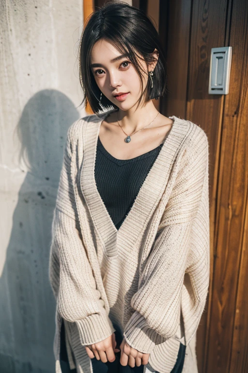 (2 Japanese girl,), (Small breasts:1.5,),(solo,Textured skin, Detailed skin,Detailed face,Detailed eyes,detailed posing,Natural eyebrows,Perfect limbs,High detail, Highest quality, Super detailed, Surrealism, ,8k,RAW Photos,Photographicism,Professional Lighting,Portrait Photography,),((Black Hair, Dark Eyes,Natural Makeup,Simple earrings,Heart Pendant,Bob Hair,happiness/joy)),(((poncho style sweater,Near the entrance to Yoshinoya)))