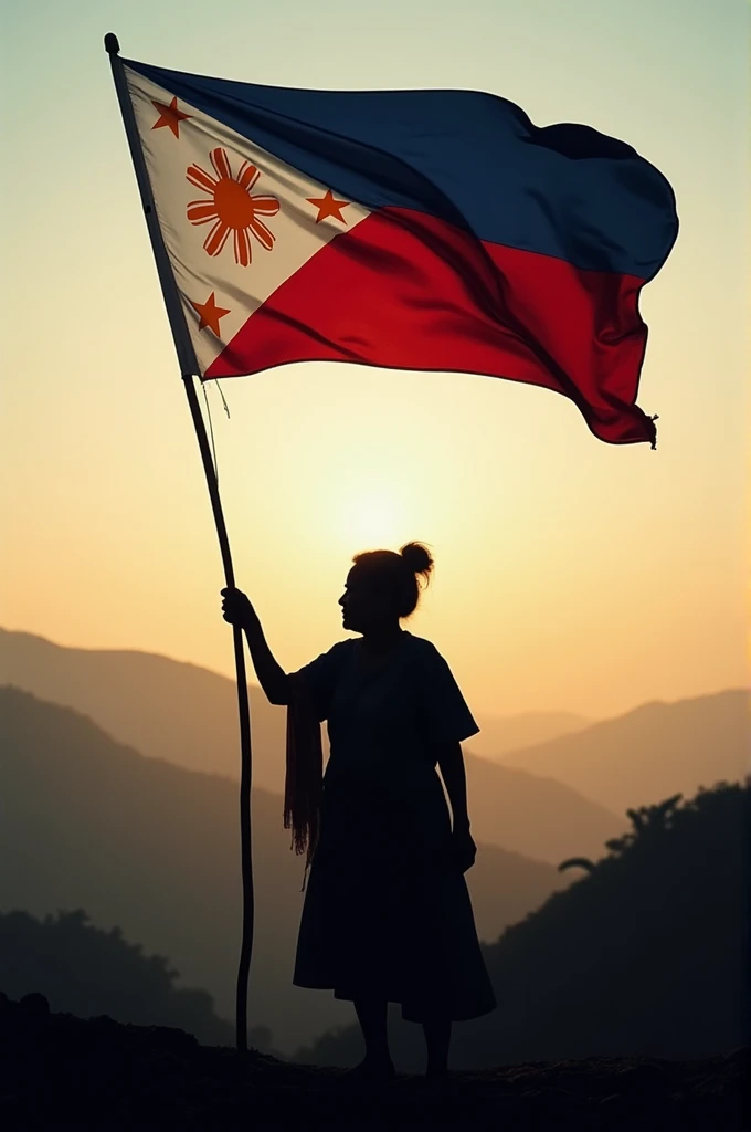 Make me a silhouette of an 80 year old women wearing panuelo and raising the flag of Philippines make the phot landscape and put her a little off the left