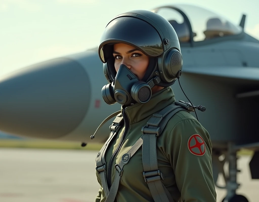 Priyanka chopra wearing a fighter pilot suit, wearing a pilot helmet and oxygen mask, standing beside a mig21, full body view, side view,