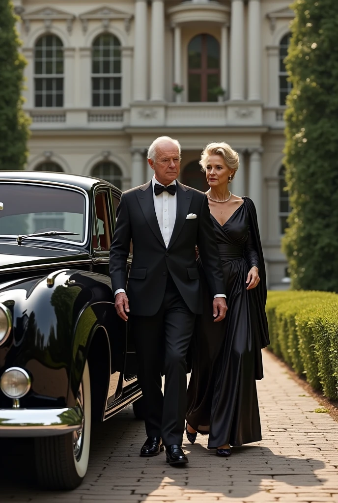 Create an Old Money Scene, where a rich man and his wife step out of their Rolls Royce in front of their European style mansion.