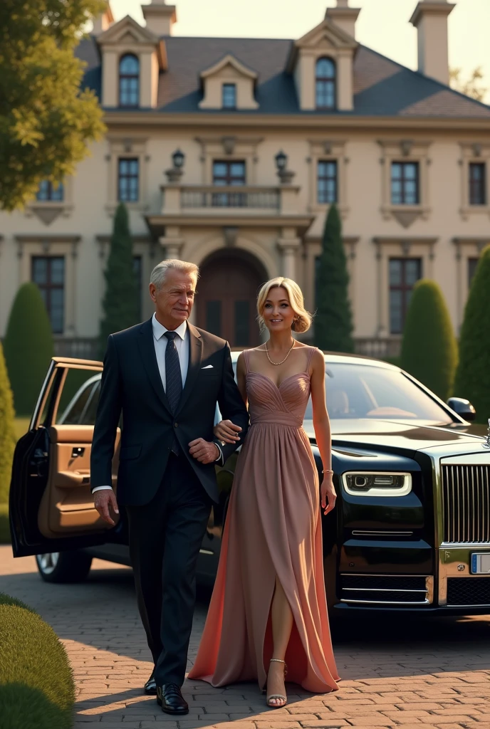 Create an Old Money Scene, where a rich man and his wife step out of their Rolls Royce in front of their European style mansion.