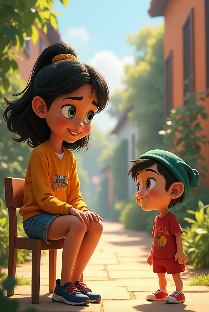 Monica is sitting and Cebolinha is standing in front of her