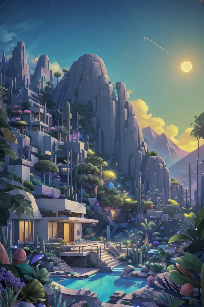 small and beautiful modern house in top of big boulders, terraces, pool, stairs, multiple cacti gardens, palms, trees, rocks, beautiful landscape design, mountains and volcano y background, amazing clouds, sun, moon, planets, milky way galaxy, concrete, wood, glass and steel materials, olive green, violet, orange and withe colors in facade An illustration in collage style, con rocas gigantes, Brutalist construction sections, escaleras, cactus, agave, textura de concreto, Multiple geometric shapes, hatch and cross hatching, planeta Saturno. ((masterpiece, best quality)),illustration,ultra detailed 8k. (((An illustration of a build designed by Luis Barragán))), with a desertic vegetation garden, (big rocks), ((cacti)), lake, volcano in horizon, smooth clouds, (((illustration collage format))), ((Escher's art style)), (((multiple sections))), (magenta, blue, olive green, grey, black and white), hard shadows, (((geometric sculptures))), concrete sculptures, high contrast, dramatic, cinematographic,