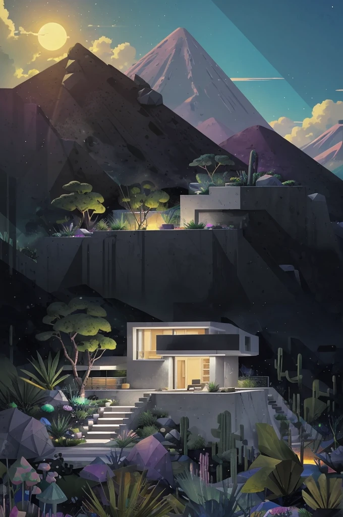 small and beautiful modern house in top of big boulders, terraces, pool, stairs, multiple cacti gardens, palms, trees, rocks, beautiful landscape design, mountains and volcano y background, amazing clouds, sun, moon, planets, milky way galaxy, concrete, wood, glass and steel materials, olive green, violet, orange and withe colors in facade An illustration in collage style, con rocas gigantes, Brutalist construction sections, escaleras, cactus, agave, textura de concreto, Multiple geometric shapes, hatch and cross hatching, planeta Saturno. ((masterpiece, best quality)),illustration,ultra detailed 8k. (((An illustration of a build designed by Luis Barragán))), with a desertic vegetation garden, (big rocks), ((cacti)), lake, volcano in horizon, smooth clouds, (((illustration collage format))), ((Escher's art style)), (((multiple sections))), (magenta, blue, olive green, grey, black and white), hard shadows, (((geometric sculptures))), concrete sculptures, high contrast, dramatic, cinematographic,