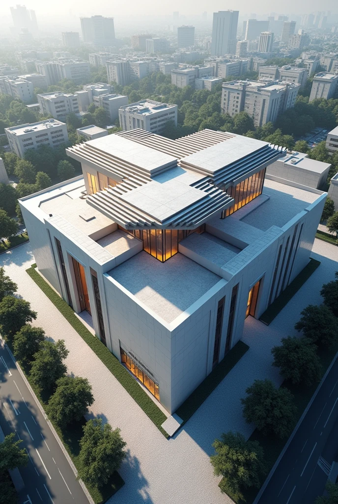 Generate a court that has a symbolic cover that takes into account the concepts of hierarchy, rhythm and focal point. Viewed from outside, this must be an architectural proposal in the form of an aerial view.