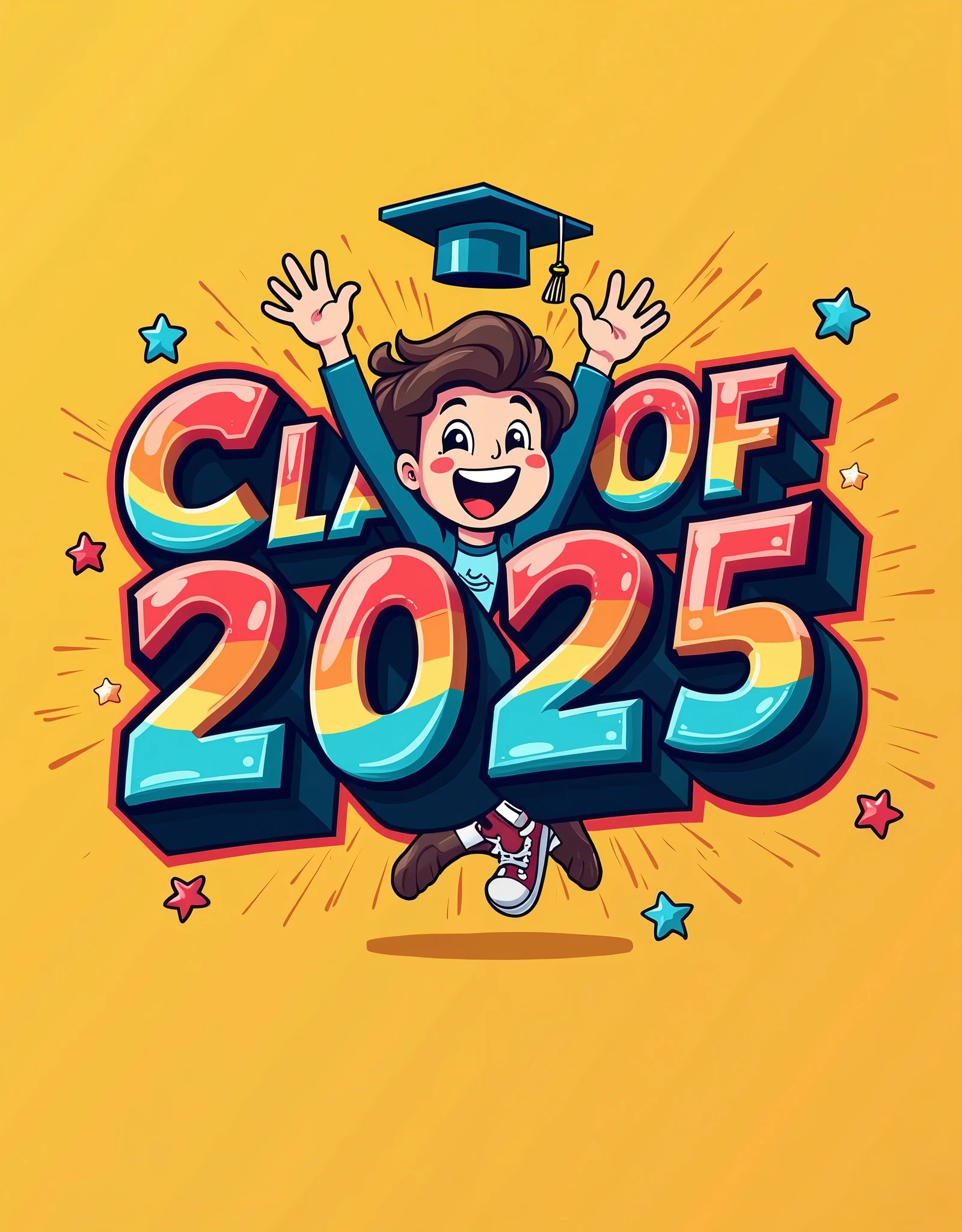 "Class of 2025: We’re Outta Here!" Design: A playful and energetic design featuring "Class of 2025: We’re Outta Here!" in a graffiti-style font. The design includes a cartoon character bursting through the text with a graduation cap flying off, emphasizing the excitement of moving on, all in bold, vibrant colors.

