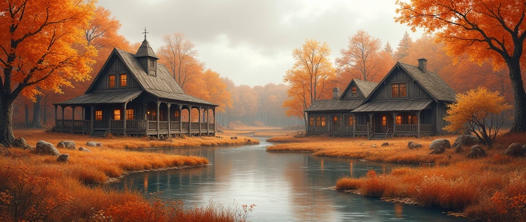 Fall Autumn Aesthetic,Halloween,Dark Village,Town Rustic,Cozy, landscape ,Rustic Orange Maple Leaf Village,Scenery, water color