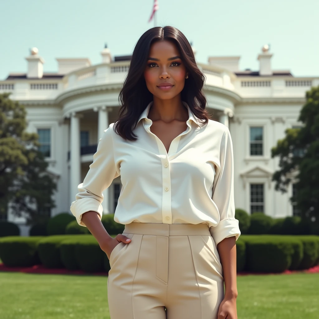 masterpiece, best quality, 1 woman, solo, beautiful faur-skinned African and Asian mixed 6, slightly overweight, shoulder length straight hair, standing in modest white button down shirt and business cream pantsuit with the white house behind her