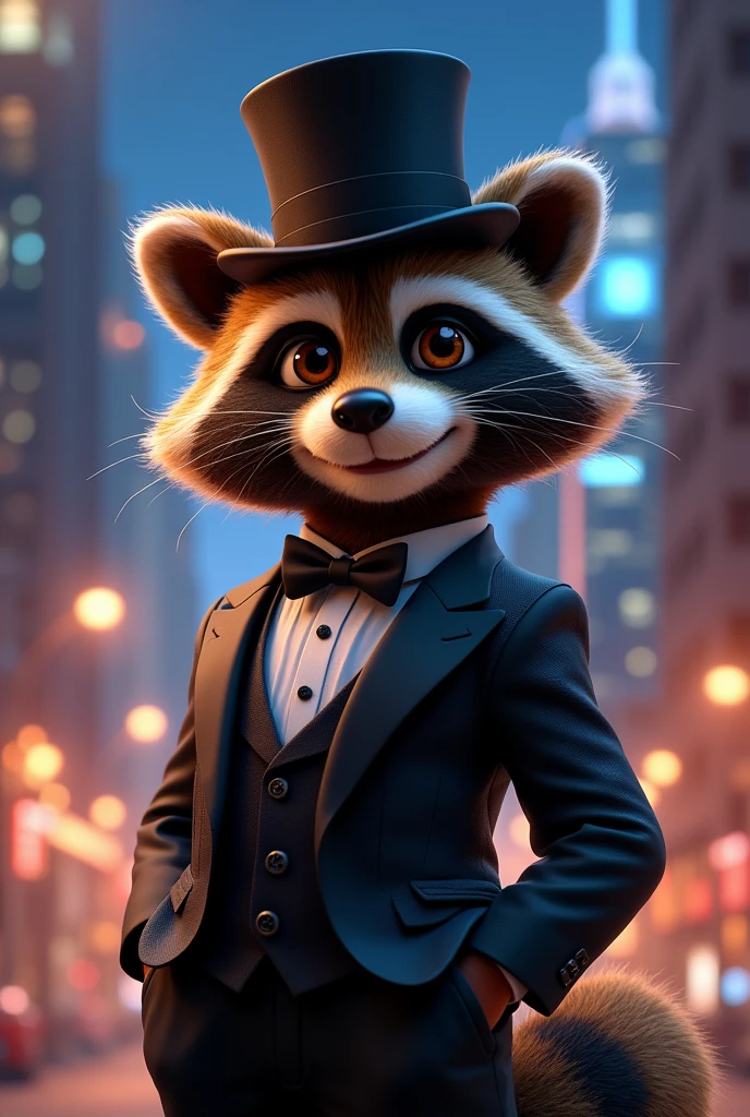 Furry raccoon, with a smile and bright brown eyes, he is wearing a black top hat and an equally black suit and pants. In the background a bright city at night 