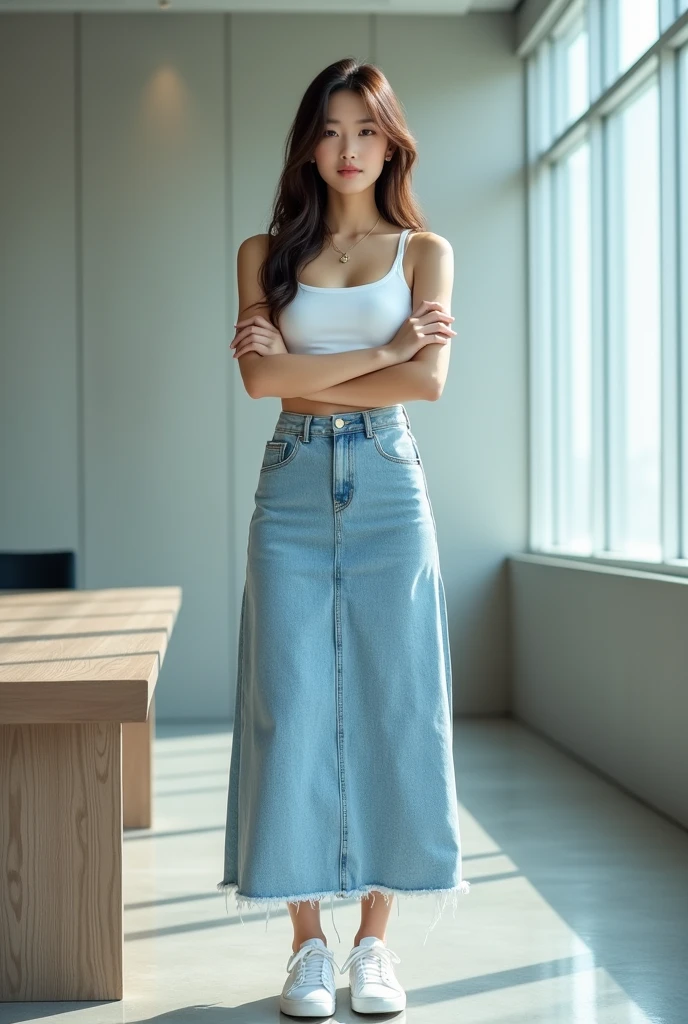 A beautiful lady, asian, Japanese,
Medium height,
arms crossed at chest,
Brown long hair,
Straight Standing in a conference room near a window wall,
Wearing a white short tee,
Wearing a long light blue denim straight skirt ankle length both sides slit and edge damaged and untrimmed,
Wearing white sport shoes,
High resolution, HD Photo,
photographs, photo, real style, 600dpi
